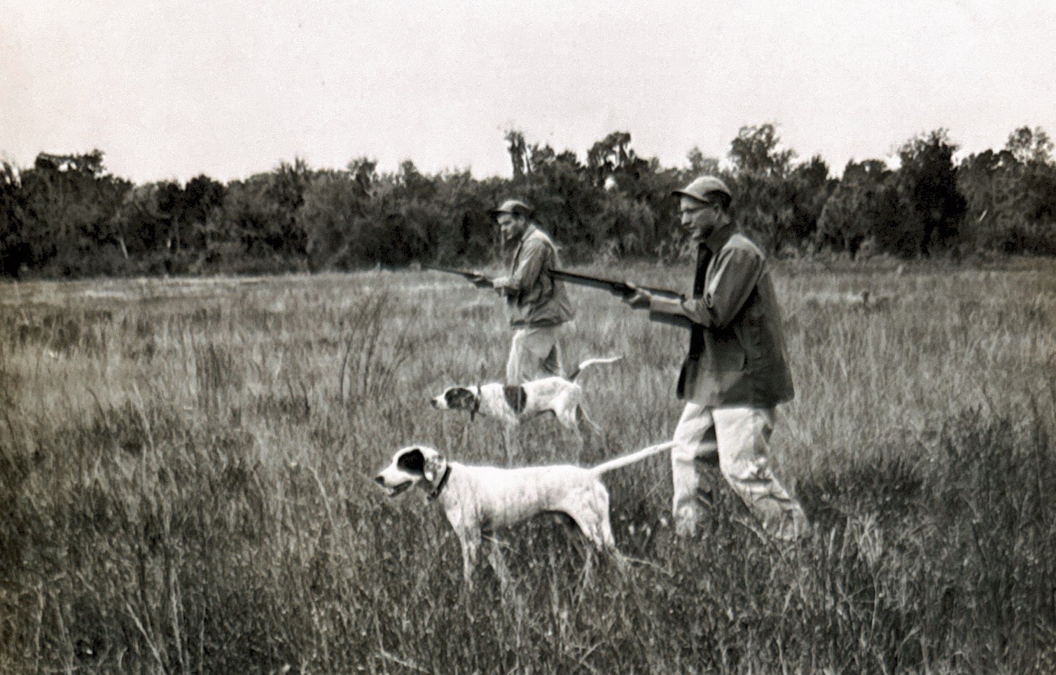 old image of two hunters and two dogs